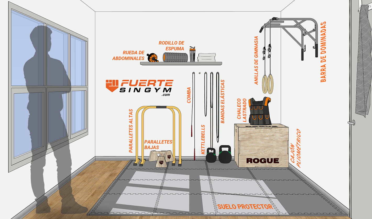 Ilustración de gimnasio en casa con equipación para calistenia.