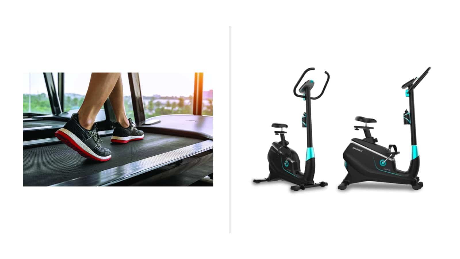Cinta de correr y bicicleta estática para comparar entrenamiento en casa